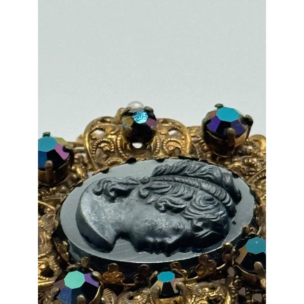 Vintage West Germany Cameo Brooch AB Rhinestone Faux‎ Pearl Filigree Brooch